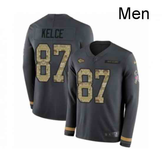 Men Nike Kansas City Chiefs 87 Travis Kelce Limited Black Salute to Service Therma Long Sleeve NFL Jersey